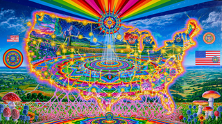 Psychedelic glowing map of the United States filled with sacred geometry, landscapes, and mushrooms.