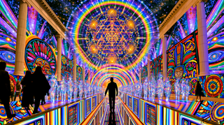 Museum interior dissolving into a cosmic tunnel of sacred geometry and rainbow light with silhouetted and glowing figures.