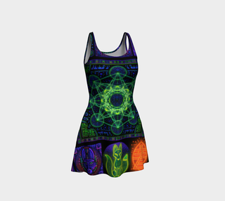 A sleeveless racerback dress with a vibrant, multicolored psychedelic print featuring neon green, orange, purple, and blue mandala and Egyptian-themed symbols on a light gray background.