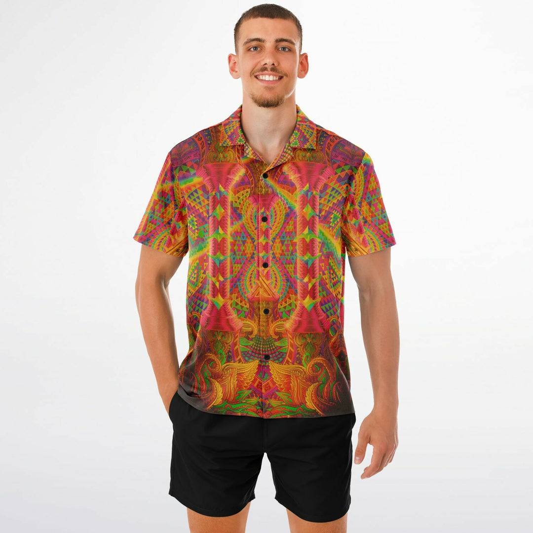 PILLARS OF CREATION Spread Collar Short Sleeve Button-Down Shirt - SALVIA DROID