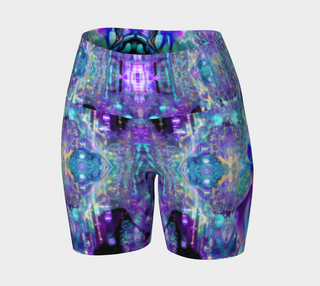 High-waisted biker shorts with a vibrant, symmetrical psychedelic print in purple, blue, and teal, displayed on a neutral light gray background.