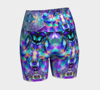 High-waisted biker shorts featuring a vibrant, symmetrical kaleidoscopic print of a wolf's face in shades of purple, blue, green, and pink, shown against a light gray background.