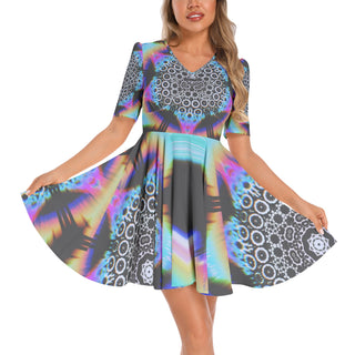Short Sleeve Ruched Bust Flared Hem Dress