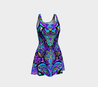 A sleeveless scoop-neck dress with a vibrant, symmetrical psychedelic pattern in purple, teal, blue, and black, shown against a plain light gray background.