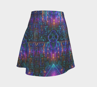 A flared A-line skirt featuring a vibrant, multicolored cosmic and tribal graphic print with glowing neon patterns, set against a solid light gray background.