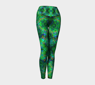 High-waisted leggings with an abstract, swirling fractal-like pattern in vibrant green, blue, and orange, shown on a neutral light gray background.