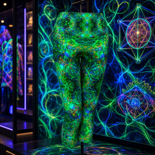 A pair of black leggings with a vibrant, glowing neon fractal pattern in green, blue, and orange, displayed on a mannequin in a dark room with matching cosmic-themed wall art.