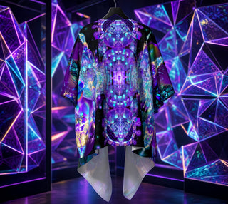 A short-sleeve kimono-style top with a highly symmetrical, colorful psychedelic print, displayed on a black hanger against a futuristic purple and blue geometric wall.