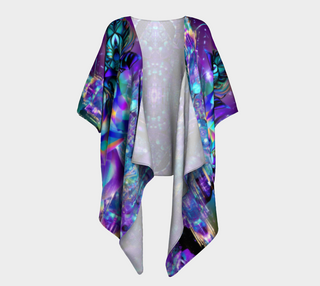 A lightweight open-front kimono cardigan with a vibrant, multicolored abstract print in purple, teal, and blue, layered over a light gray patterned inner top, shown against a solid light gray background.