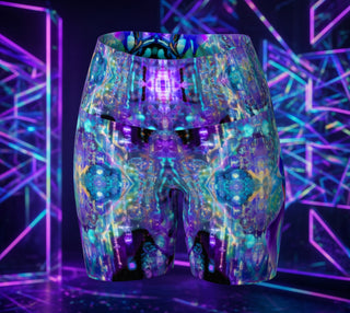 High-waisted biker shorts with a vibrant, symmetrical psychedelic print in purple, blue, and teal, displayed on a neutral light gray background.