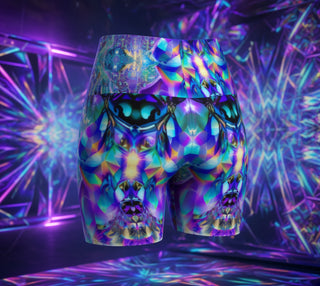 High-waisted biker shorts featuring a vibrant, symmetrical kaleidoscopic print of a wolf's face in shades of purple, blue, green, and pink, shown against a light gray background.