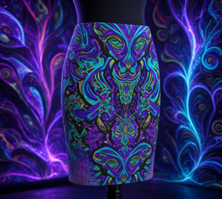 A fitted pencil skirt displayed on a black mannequin torso, featuring a vibrant, symmetrical psychedelic mask pattern in neon purple, teal, green, and gold. The background is a dark, stylized setting with glowing purple and blue abstract feather-like patterns.