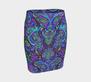 A fitted pencil skirt featuring a vibrant, symmetrical psychedelic mask pattern in purple, teal, and green on a light gray background.