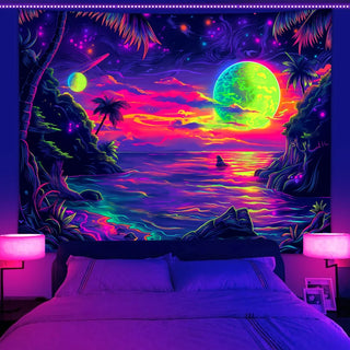 UV reactive tapestry, beach coconut tree starry sky universe