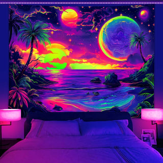 UV reactive tapestry, beach coconut tree starry sky universe