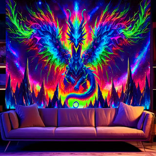 Fluorescent colored dragon tapestry, UV reactive black light