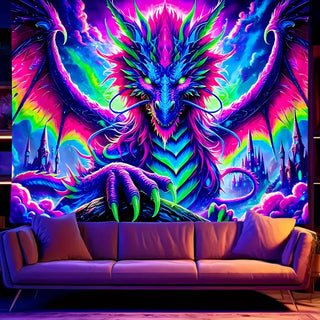 Fluorescent colored dragon tapestry, UV reactive black light