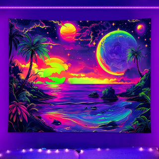 UV reactive tapestry, beach coconut tree starry sky universe