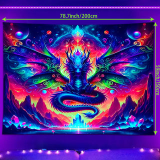 Fluorescent colored dragon tapestry, UV reactive black light