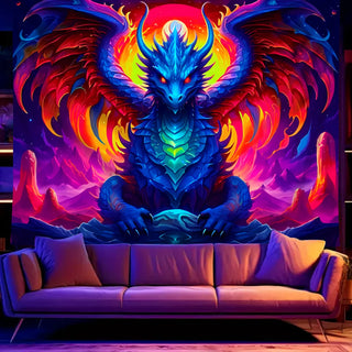 Fluorescent colored dragon tapestry, UV reactive black light