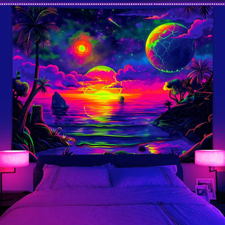 UV reactive tapestry, beach coconut tree starry sky universe