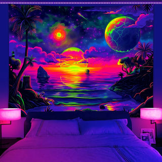 UV reactive tapestry, beach coconut tree starry sky universe