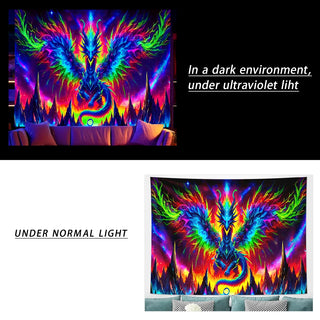 Fluorescent colored dragon tapestry, UV reactive black light