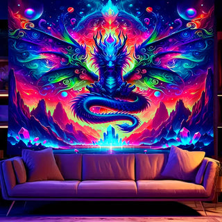 Fluorescent colored dragon tapestry, UV reactive black light