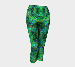 Abstract patterned leggings with a swirling fractal design in green, blue, and yellow, displayed on a neutral light gray background.