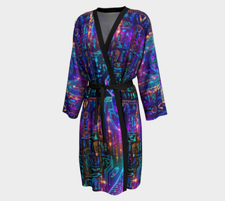 A long-sleeve robe with a black V-neck collar, black tie belt, and a vibrant neon circuit board print in purple, blue, and pink, shown against a light gray background.