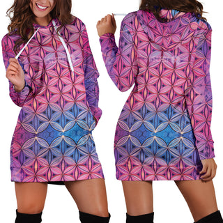 BLUE PINK FLOWERS | WOMENS HOODIE DRESS | ACIDMATH AI