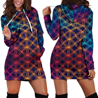 RAINBOW FLOWER OF LIFE | WOMENS HOODIE DRESS | ACIDMATH AI