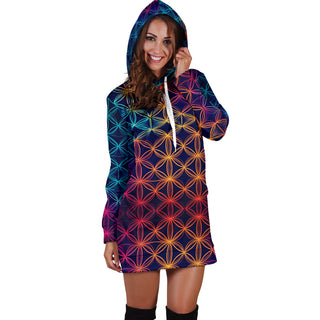 RAINBOW FLOWER OF LIFE | WOMENS HOODIE DRESS | ACIDMATH AI
