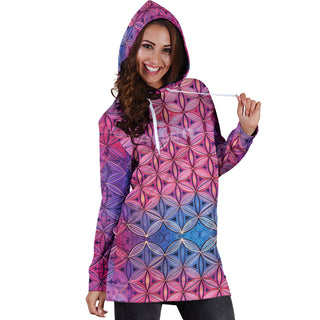 BLUE PINK FLOWERS | WOMENS HOODIE DRESS | ACIDMATH AI