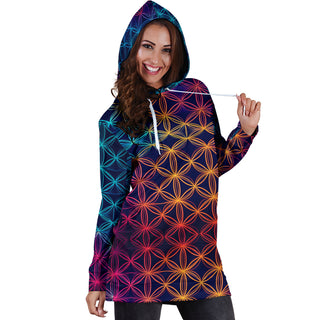 RAINBOW FLOWER OF LIFE | WOMENS HOODIE DRESS | ACIDMATH AI