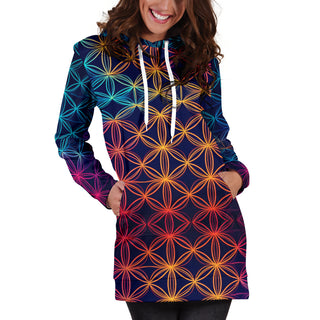 RAINBOW FLOWER OF LIFE | WOMENS HOODIE DRESS | ACIDMATH AI