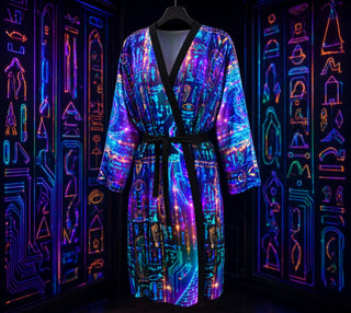A long-sleeve robe with a black V-neck collar, black tie belt, and a vibrant neon circuit board print in purple, blue, and pink, shown against a light gray background.