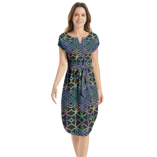 FLOWER OF LIFE | IMRAN | Notched Neck Belted Dress