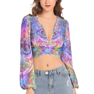 TRANSITION TO BUTTERFLY | Women's Deep V-Neck Lantern Sleeve Crop Top | SALVIA DROID
