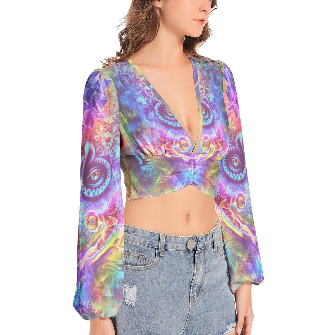 TRANSITION TO BUTTERFLY | Women's Deep V-Neck Lantern Sleeve Crop Top | SALVIA DROID