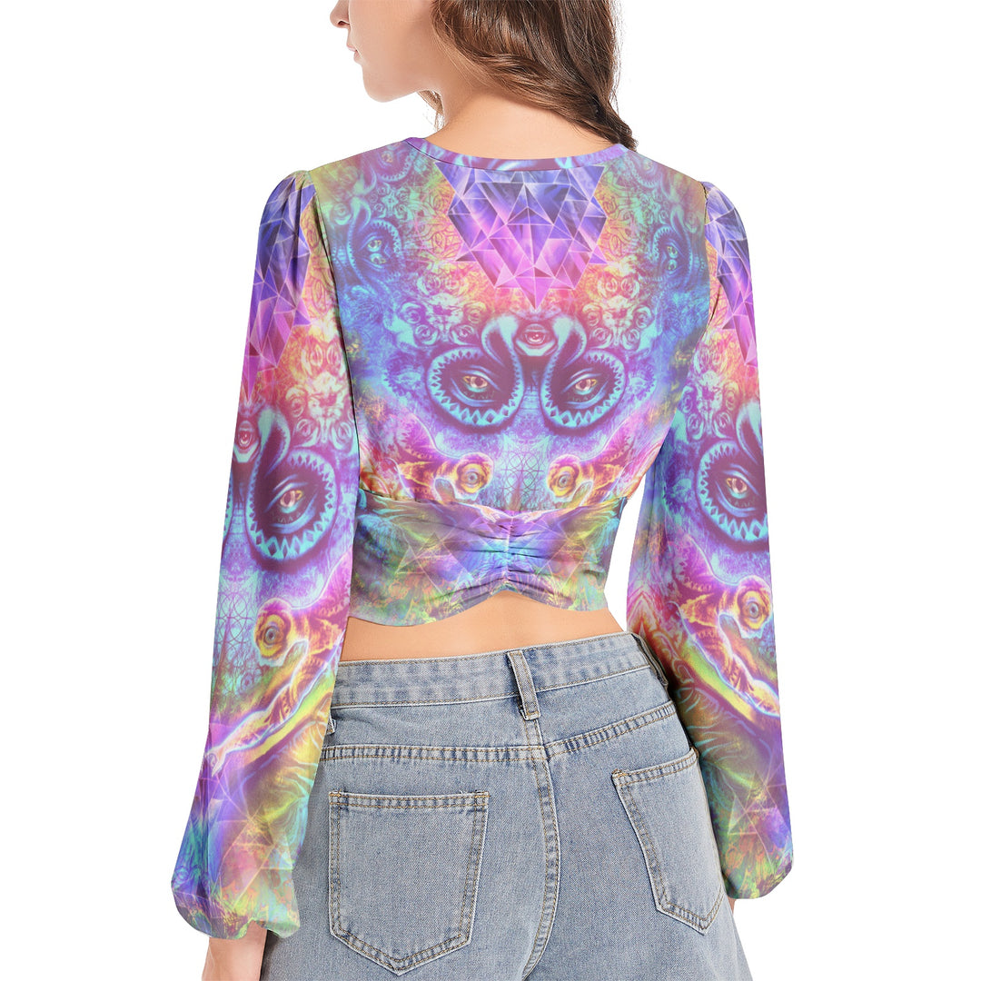 TRANSITION TO BUTTERFLY | Women's Deep V-Neck Lantern Sleeve Crop Top | SALVIA DROID