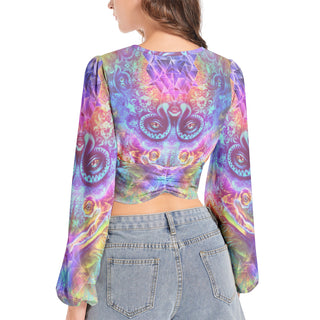 TRANSITION TO BUTTERFLY | Women's Deep V-Neck Lantern Sleeve Crop Top | SALVIA DROID