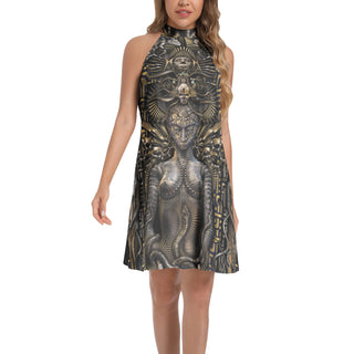 MOLECULAR PRINCESS Tie Back Halter Neck Flared Dress | LUMINOKAYA