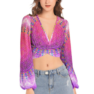 Cameron Gray | Flower of Life | Women's Deep V-Neck Lantern Sleeve Crop Top