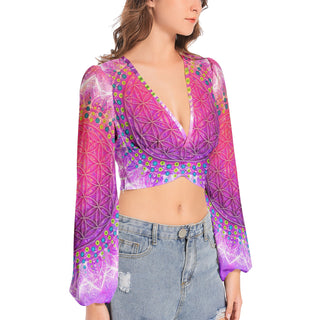 Cameron Gray | Flower of Life | Women's Deep V-Neck Lantern Sleeve Crop Top