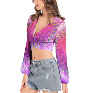 Cameron Gray | Flower of Life | Women's Deep V-Neck Lantern Sleeve Crop Top
