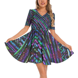 Cameron Gray | Cyberpunk | Short Sleeve Ruched Bust Flared Hem Dress