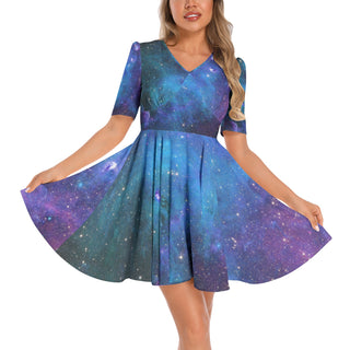 Cameron Gray | Galaxy | Short Sleeve Ruched Bust Flared Hem Dress