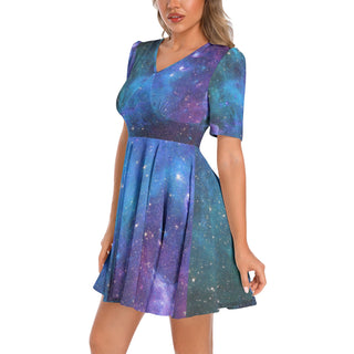 Cameron Gray | Galaxy | Short Sleeve Ruched Bust Flared Hem Dress