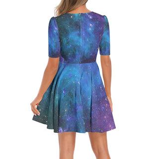 Cameron Gray | Galaxy | Short Sleeve Ruched Bust Flared Hem Dress